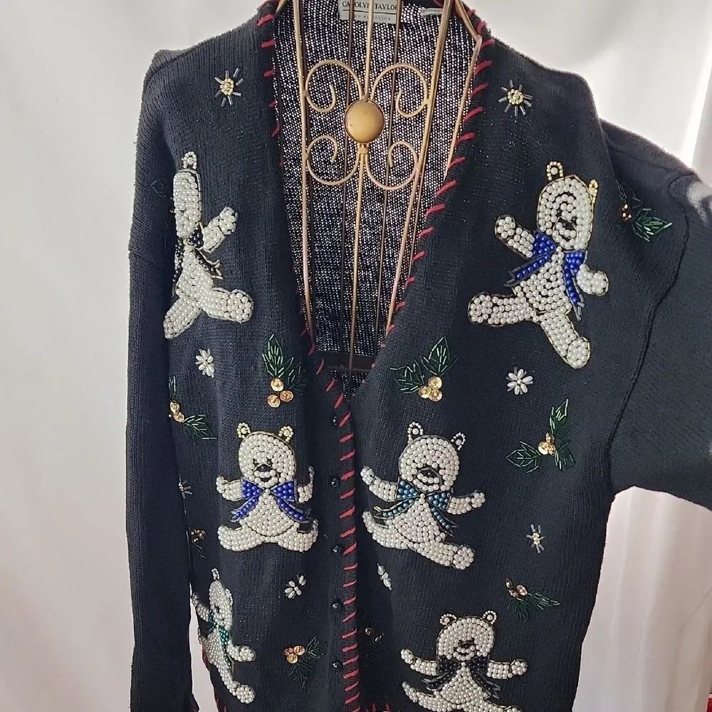 Vintage Beaded Teddy Bear Cute Ugly Christmas Sweater With Red Stitched Trim
